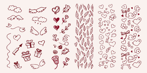 Collection of hand drawn romantic doodles including hearts wings and floral elements