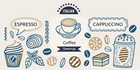 Italian coffee and dessert themed hand drawn illustration with decorative elements