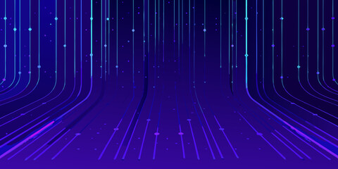 Abstract neon lines descend into a dark purple digital space