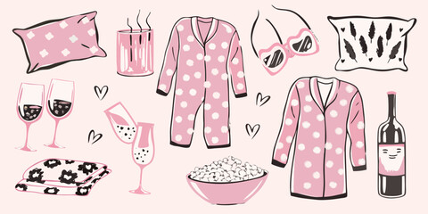 A cozy collection of pink pajamas wine and relaxing self care items