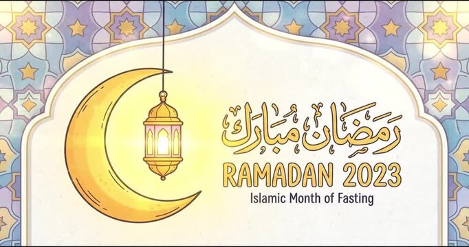 This vibrant, illustrated graphic presents a serene and festive visual, perfect for celebrating an important religious observance. The focal point features a golden crescent moon paired with a beautif
