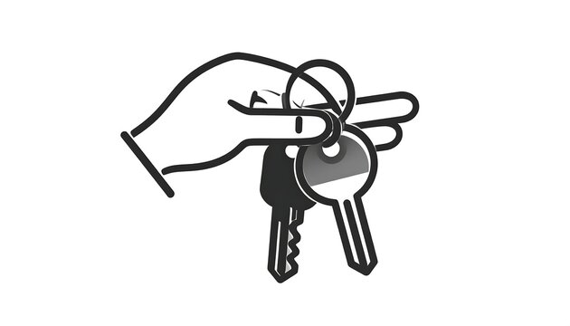 Line drawing of a hand holding a key ring with three keys. Simple black and white illustration on a plain background