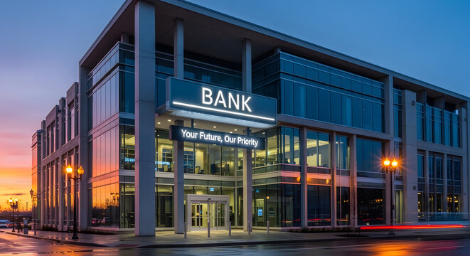 Modern bank building exterior at dusk with glowing windows and sky at sunset