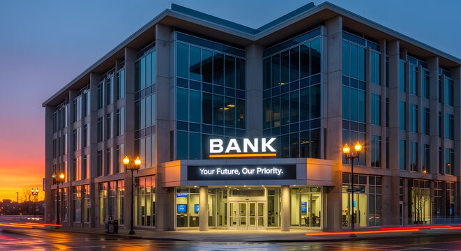 Modern bank building exterior at dusk with glowing windows and sky at sunset