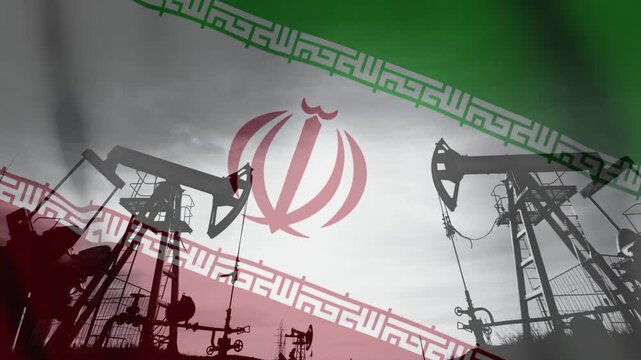 Oil pumpjacks are silhouetted against the transparent national flag of Iran illustrating the nation's significant petroleum industry and energy resources