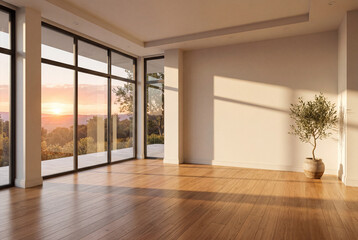 Fototapeta premium Modern minimal living room featuring wood floor with a large window elegant contemporary white room ,Color of the Year 2026 – Cloud Dancer ,copy space ,empty room.3Drender