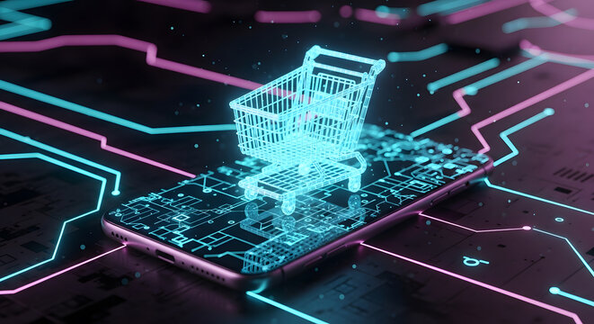 Futuristic Neon Wireframe Shopping Cart on Smartphone with Digital Circuit Background