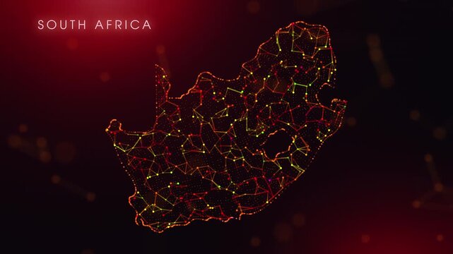 A dynamic motion video showcasing the South Africa country border through a colorful plexus reveal. Glowing red and orange dots represent high-tech data communication and global digital networks.