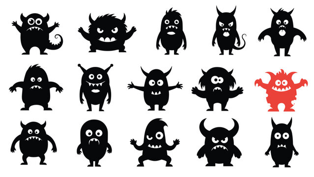 Collection of various quirky monster silhouettes in black with one unique red character highlighting individuality and standing out from the crowd.