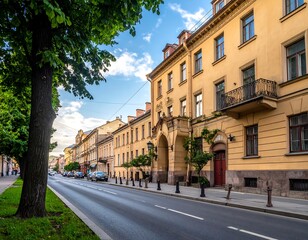 Obraz premium Long street lined with tall buildings in warm hues, with a road and a tree-lined sidewalk, and a blue sky overhead