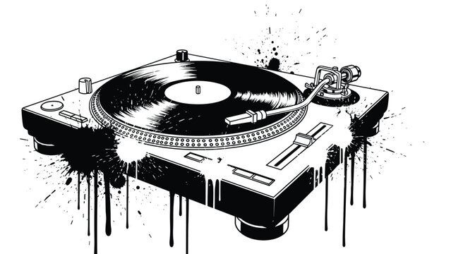Detailed black and white illustration of a dj turntable with artistic ink splatters and drips symbolizing urban music culture and creativity.