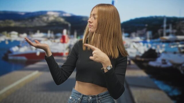 Woman displays open palm and points finger toward empty space on a marina pier wearing crop top and jeans, head turned to side; playful curiosity.