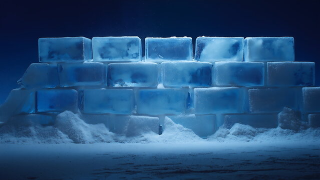 Translucent Ice Block Wall with Snow and Soft Blue Lighting Winter Background
