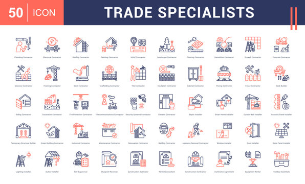 Trade Specialists Icon Set. Plumbing Contractor, Electrical Contractor, Roofing Contractor, Painting Contractor, HVAC Contractor and more. Line Dual Tone style vector icons collection.
