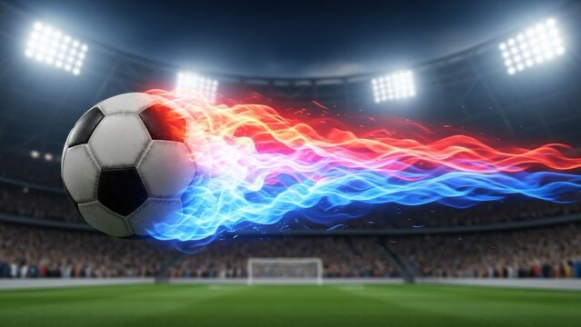 A soccer ball with a fiery trail against a stadium backdrop.