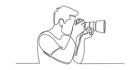 A continuous line art illustration showing a photographer taking a picture with a dslr camera Vector, illustration © Rimi Kailash Arts
