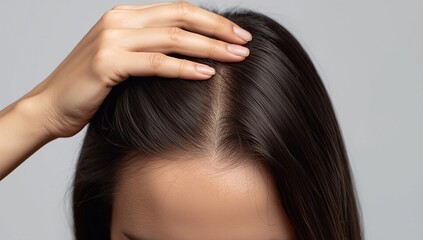 Fototapeta premium A close-up of a person's hand touching the scalp, indicating hair loss or thinning hair on the crown area
