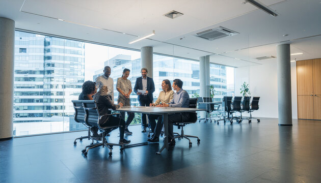 Business team meeting in a modern office with large windows and city views