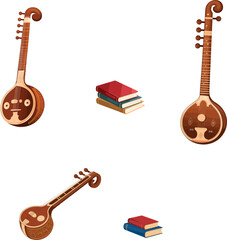 Fototapeta premium Traditional Indian Sitar musical instrument vector set with stacked books for classical music education and cultural arts heritage design projects