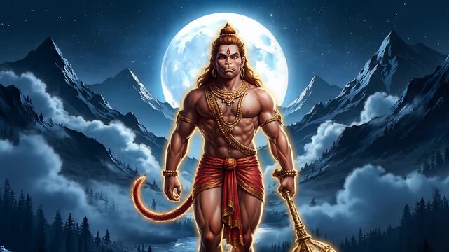 Hanuman Jayanti Lord Hanuman with Gada in Moonlight Himalayas