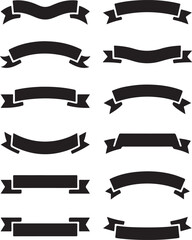 Set of black ribbon banners and badges in various shapes and styles, perfect for graphic design and decoration on transparent backgrounds.