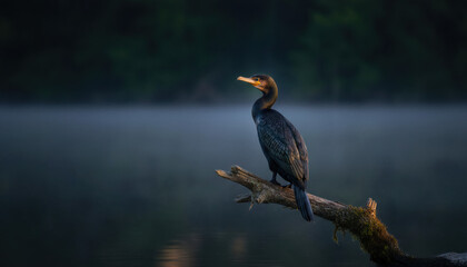 Fototapeta premium Cormorants perch upon moss-covered dead branches, beneath which lies the tranquil water surface veiled in morning mist, revealing the habits of wild waterfowl and the serene beauty of nature.