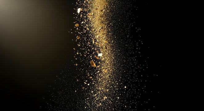 Golden particles falling vertically against a dark background