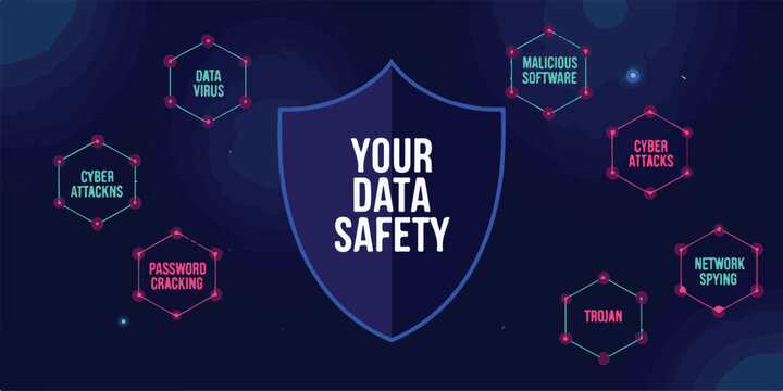 Cyber security concept with shield and threats like virus spyware hacking and theft for digital data safety protection
