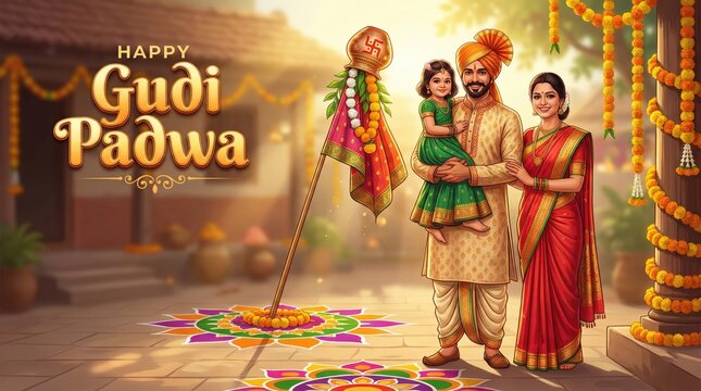 Happy Gudi Padwa festival celebration with family in traditional Indian attire holding flags and rangoli design for social media poster banner