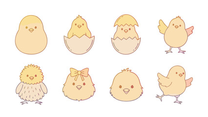 Cute cartoon chicks in various poses and styles, perfect for Easter and spring themes