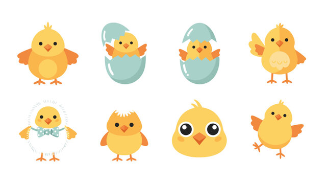 Cute cartoon baby chicks in various adorable poses and outfits for Easter
