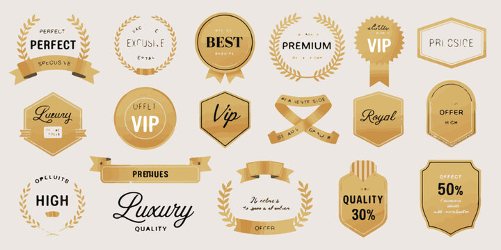 Collection of golden badges and labels with text for premium exclusive offers