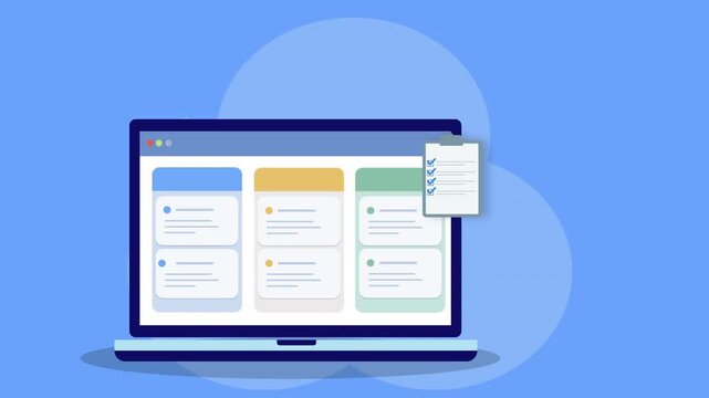 Flat animated illustration of a laptop displaying a business analytics dashboard with data panels and a floating checklist document, representing digital monitoring, reporting, and task management.