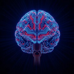 Digital artwork depicts a human brain, intricately glowing with electric blue and red circuits, resembling an overloaded system at dark night, processing, conceptual, power