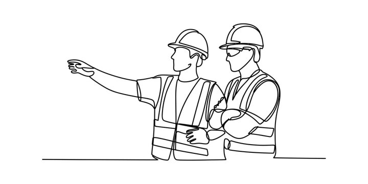 A continuous line drawing of two construction workers in hard hats and vests discussing a project Vector, illustration