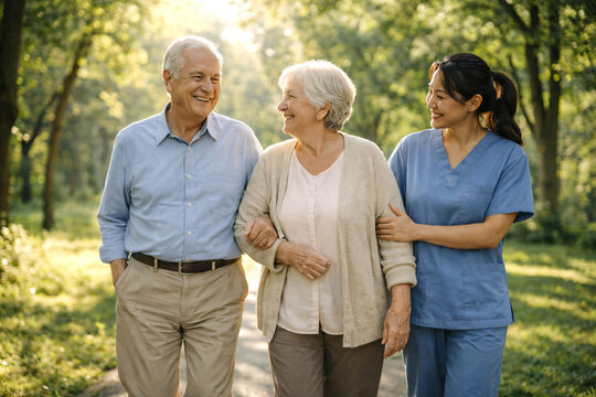 Senior Couple Walking with Caregiver in Park. Healthy Aging and Support, Generative ai