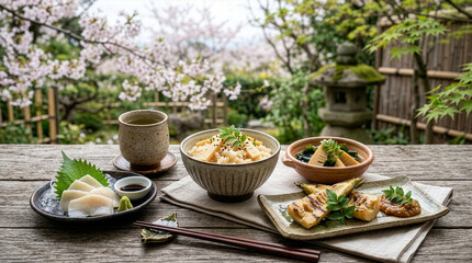 竹の子料理（たけのこ御飯、若竹煮、たけのこ素焼き、たけのこの刺身）