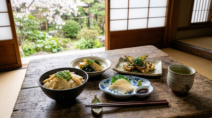 竹の子料理（たけのこ御飯、若竹煮、たけのこ素焼き、たけのこの刺身）
