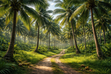 Obraz premium A serene pathway through a lush palm tree forest.