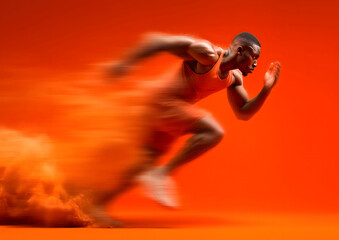 A photo of male runner running in a beautiful pose with a blurred motion at a fast pace against a bright orange gradient background. Commercial sports photography style.