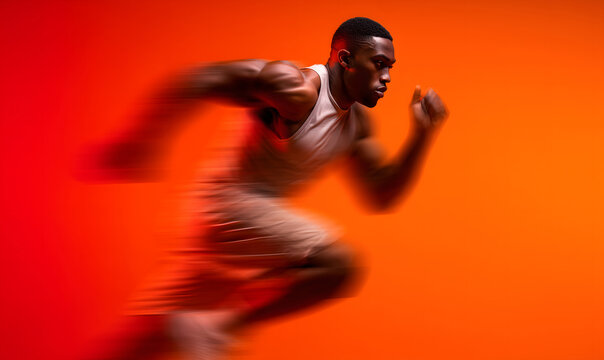 A photo of male runner running in a beautiful pose with a blurred motion at a fast pace against a bright orange gradient background. Commercial sports photography style.