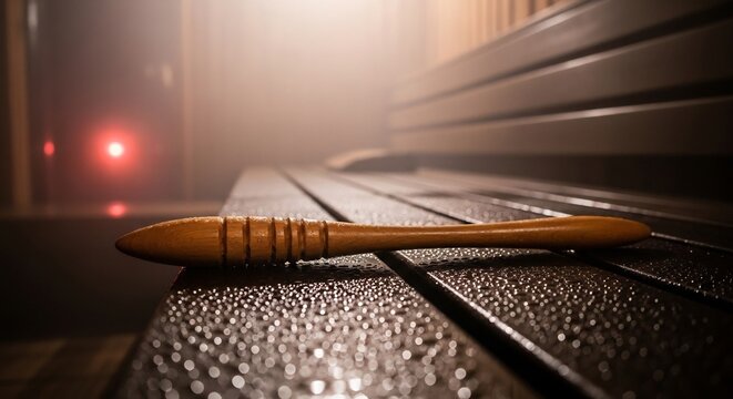 Wooden Back Scratcher Resting on a Wet Metal Bench in Dim Lighting.