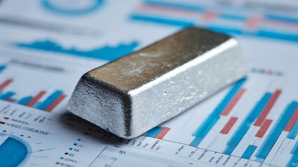 Silver Bar Used as Paperweight on Financial Reports and Graphs