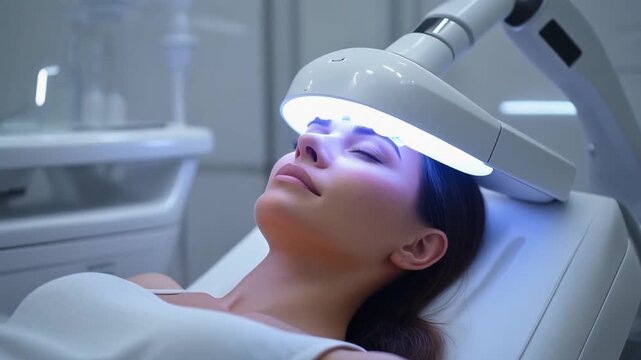 Woman Relaxing Under LED Light Therapy in a Serene Spa Environment from a Calming Overhead Viewpoint