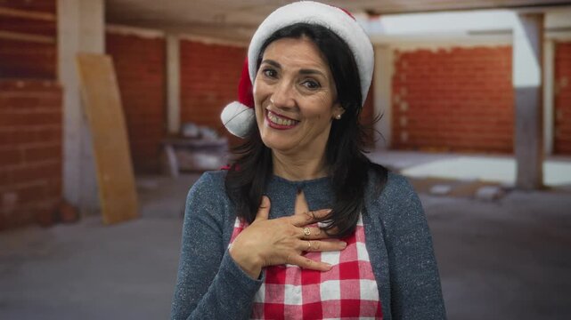 Woman wearing santa hat and checkered apron smiling with hand on chest inside unfinished building; holiday gratitude.