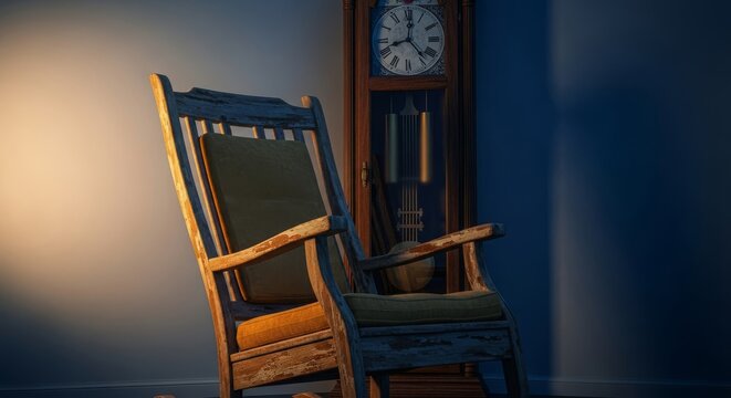 A cozy, worn rocking chair gently sways in the dim light of pre-dawn. The rhythmic pendulum swing of a stately clock fills the quiet interior space, rocking chair, serene, predawn