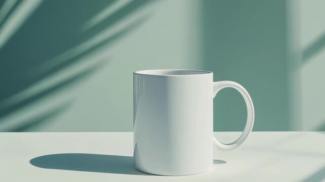 White blank mug mockup template standing on a table with a tropical leaf shadow overlayed on a pastel green background, perfect for showcasing designs