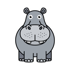 Obraz premium Cute cartoon hippo smiling, front view, isolated on white background, simple illustration