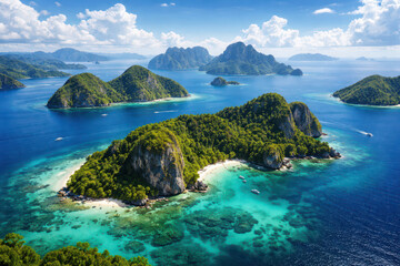 Obraz premium Aerial view of an idyllic tropical island landscape with clear blue waters.