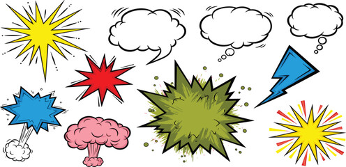 Comic Explosion and Speech Bubble Effects Set with Cartoon Burst Shapes, Lightning Bolt, Smoke Cloud, and Pop Art Impact Elements © Selim Studio